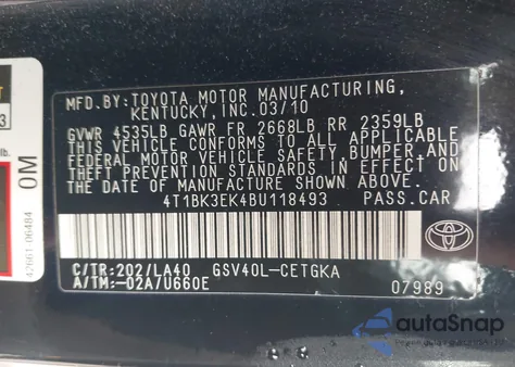 2011 Toyota Camry Xle V6 из США, поврежденный, VIN 4T1BK3EK4BU118493